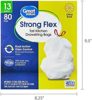 Great Value StrongFlex 13 Gallon Tall Kitchen Trash Bags,80Count White,Citrus Burst Scent,DualAction Odor Control,Drawstring Closure,Tear & PunctureResistant Great Value StrongFlex 13 Gallon Tall Kitchen Trash Bags,80Count White,Citrus Burst Scent,DualAction Odor Control,Drawstring Closure,Tear & PunctureResistant