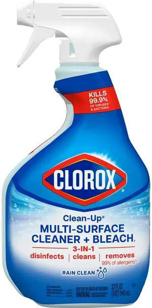 Clorox CleanUp MultiSurface Cleaner Spray With Bleach, 32 fl oz, Rain Clean Scent, Kills 99.9% Germs & COVID19, Removes Mold, Mildew & Household Allergens Clorox CleanUp MultiSurface Cleaner Spray With Bleach, 32 fl oz, Rain Clean Scent, Kills 99.9% Germs & COVID19, Removes Mold, Mildew & Household Allergens