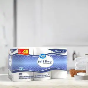 Great Value Soft & Strong 2Ply Toilet Paper,12 MegaRolls (Equals 48 Regular Rolls),380 Embossed Sheets Per Roll,Unscented White Bath Tissue,SepticSafe Household Supply Great Value Soft & Strong 2Ply Toilet Paper,12 MegaRolls (Equals 48 Regular Rolls),380 Embossed Sheets Per Roll,Unscented White Bath Tissue,SepticSafe Household Supply
