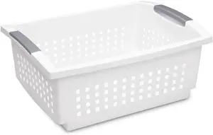 Sterilite Large Stacking Plastic Storage Basket, White, 171/8" x 127/8" x 71/4", FlipDown Rails SpaceSaving Open Organizer Bin For Pantry,Home Office & Dorm Sterilite Large Stacking Plastic Storage Basket, White, 171/8" x 127/8" x 71/4", FlipDown Rails SpaceSaving Open Organizer Bin For Pantry,Home Office & Dorm