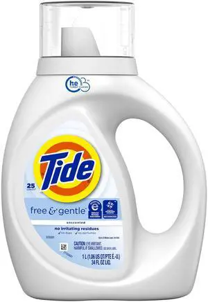 Tide Free & Gentle Unscented Liquid Laundry Detergent, 34 fl oz, 25 Loads, Hypoallergenic DyeFree PerfumeFree Stain Remover, EPA Safer Choice Certified for Sensitive Skin Tide Free & Gentle Unscented Liquid Laundry Detergent, 34 fl oz, 25 Loads, Hypoallergenic DyeFree PerfumeFree Stain Remover, EPA Safer Choice Certified for Sensitive Skin