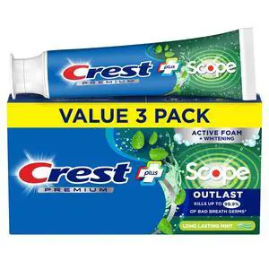Crest Toothpaste, Premium Plus Scope Outlast Fluoride Toothpaste, Mint, 5.2 oz, 3 pack Crest Toothpaste, Premium Plus Scope Outlast Fluoride Toothpaste, Mint, 5.2 oz, 3 pack