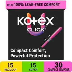 U by Kotex Click Compact Multipack Tampons, Regular/Super, Unscented, 30 Count U by Kotex Click Compact Multipack Tampons, Regular/Super, Unscented, 30 Count