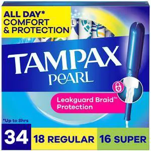 Tampax Pearl Tampons Duo Multipack with LeakGuard Braid, Regular/Super Absorbency, 34 Count Tampax Pearl Tampons Duo Multipack with LeakGuard Braid, Regular/Super Absorbency, 34 Count