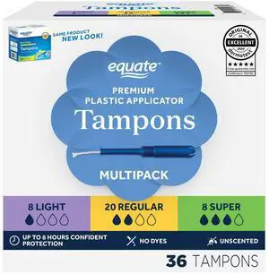 Equate Tampons with Premium Plastic Applicators, Unscented, Light/Regular/Super, 36 Count Equate Tampons with Premium Plastic Applicators, Unscented, Light/Regular/Super, 36 Count