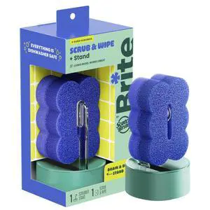 Brite by Scotch-Brite Scrub & Wipe with Drain + Dry Stand, Kitchen Sponge for Washing Dishes, 1 Scrub Sponge Brite by Scotch-Brite Scrub & Wipe with Drain + Dry Stand, Kitchen Sponge for Washing Dishes, 1 Scrub Sponge