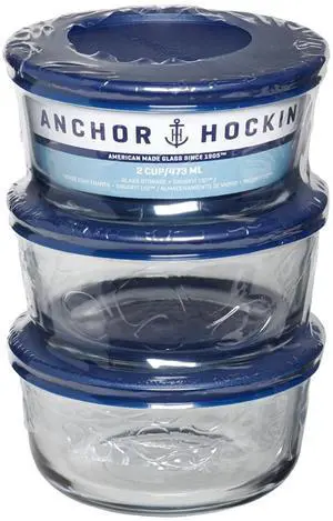 Anchor Hocking Glass Food Storage Containers with Lids, 2 Cup Round, Set of 3 Anchor Hocking Glass Food Storage Containers with Lids, 2 Cup Round, Set of 3