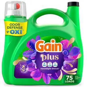 Gain Plus Laundry Detergent Liquid, Now with Odor Defense + OXI, Moonlight Breeze Scent, 99 fl oz, 75 Loads Gain Plus Laundry Detergent Liquid, Now with Odor Defense + OXI, Moonlight Breeze Scent, 99 fl oz, 75 Loads