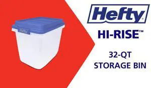Hefty HI-RISE 32 Quart Small Storage Bin, Clear Plastic Storage Container with HI-RISE Latch Lid, Blue Hefty HI-RISE 32 Quart Small Storage Bin, Clear Plastic Storage Container with HI-RISE Latch Lid, Blue