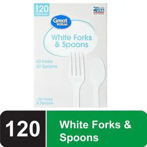 Great Value Everyday Disposable Plastic Forks and Spoons, White, 120 Count, 60 Forks and 60 Spoons Great Value Everyday Disposable Plastic Forks and Spoons, White, 120 Count, 60 Forks and 60 Spoons