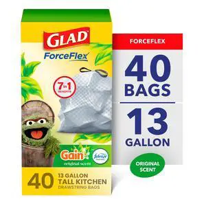 Glad ForceFlex 13-Gallon Drawstring Tall Kitchen Trash Bags, Gain Original Scent, 40 Bags Glad ForceFlex 13-Gallon Drawstring Tall Kitchen Trash Bags, Gain Original Scent, 40 Bags