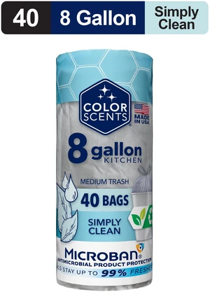 Color Scents Medium Drawstring Trash Bags, 8-Gallon, 40 Count, with Simply Clean Scent, Microban Protection Color Scents Medium Drawstring Trash Bags, 8-Gallon, 40 Count, with Simply Clean Scent, Microban Protection