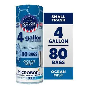 Color Scents Ocean Mist Scent 4 Gallon Bathroom Trash Bags with Microban and Twist Tie, 80 Count Color Scents Ocean Mist Scent 4 Gallon Bathroom Trash Bags with Microban and Twist Tie, 80 Count