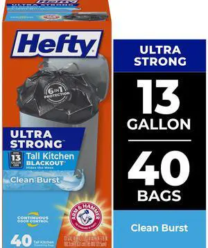 Hefty Ultra Strong 13 Gallon Tall Kitchen Trash Bags, Blackout, Clean Burst Scent, 40 Count Hefty Ultra Strong 13 Gallon Tall Kitchen Trash Bags, Blackout, Clean Burst Scent, 40 Count