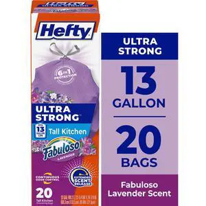 Hefty Ultra Strong 13 Gallon Tall Kitchen Trash Bags, Purple, Fabuloso Lavender Scent, 20 Bags Hefty Ultra Strong 13 Gallon Tall Kitchen Trash Bags, Purple, Fabuloso Lavender Scent, 20 Bags