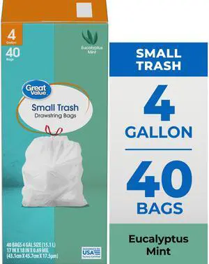 Great Value 4-Gallon Small Drawstring Trash Bags, Eucalyptus Mint Scent, 40 Bags Great Value 4-Gallon Small Drawstring Trash Bags, Eucalyptus Mint Scent, 40 Bags