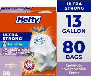 Hefty Ultra Strong 13 Gallon Tall Kitchen Trash Bags, White, Lavender and Sweet Vanilla Scent, 80 Bags Hefty Ultra Strong 13 Gallon Tall Kitchen Trash Bags, White, Lavender and Sweet Vanilla Scent, 80 Bags