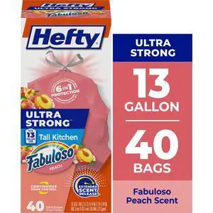 Hefty Ultra Strong 13 Gallon Tall Kitchen Trash Bags, Fabuloso Peach Scent, Peach, 40 Count Hefty Ultra Strong 13 Gallon Tall Kitchen Trash Bags, Fabuloso Peach Scent, Peach, 40 Count