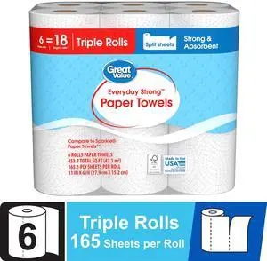 Great Value Everyday Strong Paper Towels, 6 Triple Rolls, Split Sheets Great Value Everyday Strong Paper Towels, 6 Triple Rolls, Split Sheets