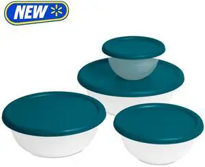 Mainstays 8-Piece Plastic Covered Bowl Set with BPA-Free Teal Lids for Food Prep, Serving and Storage Mainstays 8-Piece Plastic Covered Bowl Set with BPA-Free Teal Lids for Food Prep, Serving and Storage