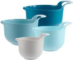 Mainstays 4-Piece Nesting Plastic Mixing Bowl Set with Pour Spouts and Handles, Blue Mainstays 4-Piece Nesting Plastic Mixing Bowl Set with Pour Spouts and Handles, Blue