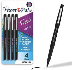 Paper Mate Flair Porous-Point Pens, Medium Point 1.0mm, Black Barrel, Black Ink, 4-Pack, #1 Teacher Choice Paper Mate Flair Porous-Point Pens, Medium Point 1.0mm, Black Barrel, Black Ink, 4-Pack, #1 Teacher Choice