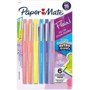 Paper Mate Flair Felt Tip Pens Medium Point (0.7mm) Special Edition Retro Accents Assorted Colors 6 Count Paper Mate Flair Felt Tip Pens Medium Point (0.7mm) Special Edition Retro Accents Assorted Colors 6 Count
