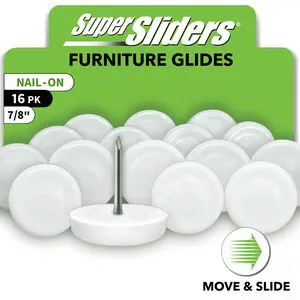 Super Sliders 7/8 Inch Nail-On Plastic Furniture Glides for Carpet, Non-Marking Chair Leg Tips, 16 Pack Super Sliders 7/8 Inch Nail-On Plastic Furniture Glides for Carpet, Non-Marking Chair Leg Tips, 16 Pack