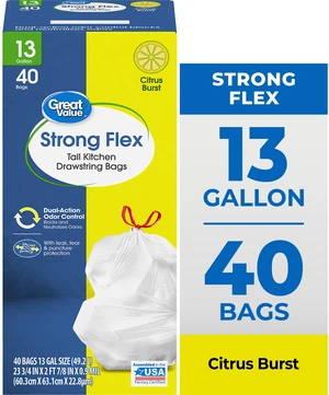 Great Value Strong Flex Tall Kitchen Trash Bags, 13gal, Citrus Burst, 40 Count Great Value Strong Flex Tall Kitchen Trash Bags, 13gal, Citrus Burst, 40 Count
