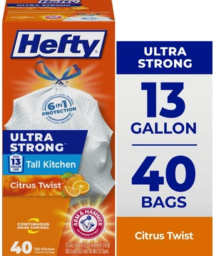 Hefty Ultra Strong 13 Gallon Tall Kitchen Trash Bags, White, Citrus Twist Scent, 40 Count Hefty Ultra Strong 13 Gallon Tall Kitchen Trash Bags, White, Citrus Twist Scent, 40 Count