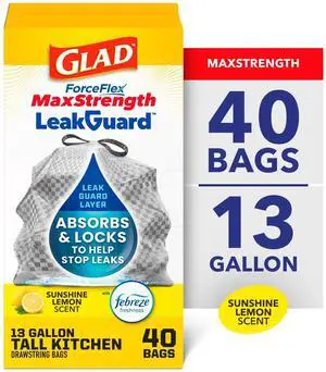 Glad ForceFlex MaxStrength LeakGuard 13-Gallon Tall Kitchen Trash Bags, Sunshine Lemon Scent, 40 Bags Glad ForceFlex MaxStrength LeakGuard 13-Gallon Tall Kitchen Trash Bags, Sunshine Lemon Scent, 40 Bags