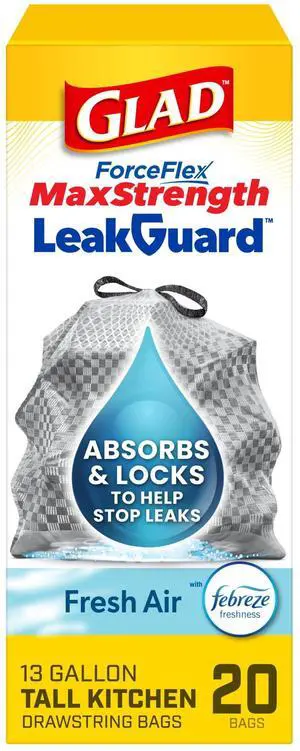 Glad ForceFlex MaxStrength LeakGuard 13-Gallon Tall Kitchen Trash Bags with Febreze Fresh Air Scent, 20 Bags Glad ForceFlex MaxStrength LeakGuard 13-Gallon Tall Kitchen Trash Bags with Febreze Fresh Air Scent, 20 Bags