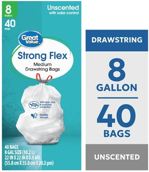 Great Value 8Gal 40Count Strong Flex Medium Drawstring Garbage Bags Great Value 8Gal 40Count Strong Flex Medium Drawstring Garbage Bags