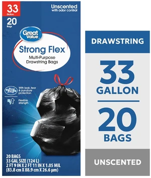 33 Gallon Great Value Strong Flex Multi-Purpose Drawstring Bags, 20 Bags 33 Gallon Great Value Strong Flex Multi-Purpose Drawstring Bags, 20 Bags