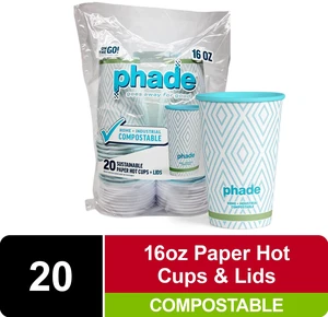 Phade 16 oz Compostable Paper Hot Cups with Lids, 20 Count, Blue Diamond Design Phade 16 oz Compostable Paper Hot Cups with Lids, 20 Count, Blue Diamond Design