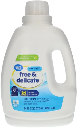 Great Value Free & Delicate Liquid Laundry Detergent, Unscented, 84fl oz, 64Loads Great Value Free & Delicate Liquid Laundry Detergent, Unscented, 84fl oz, 64Loads