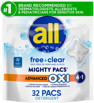All Free Clear Mighty PACS Advanced OXI Laundry Detergent Pacs for Sensitive Skin, 32 Count All Free Clear Mighty PACS Advanced OXI Laundry Detergent Pacs for Sensitive Skin, 32 Count