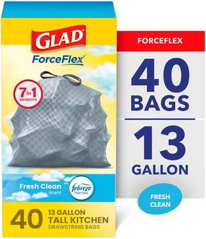 Glad ForceFlex 13-Gallon Drawstring Tall Kitchen Trash Bags, Febreze Fresh Clean Scent, 40 Bags Glad ForceFlex 13-Gallon Drawstring Tall Kitchen Trash Bags, Febreze Fresh Clean Scent, 40 Bags