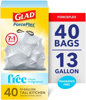 Glad ForceFlex 13-Gallon Drawstring Tall Kitchen Trash Bags, 40 Bags Glad ForceFlex 13-Gallon Drawstring Tall Kitchen Trash Bags, 40 Bags