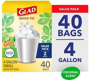 Glad Quick-Tie 4-Gallon Small Trash Bags, Gain Original Scent, 20 Bags, 2 Pack Glad Quick-Tie 4-Gallon Small Trash Bags, Gain Original Scent, 20 Bags, 2 Pack