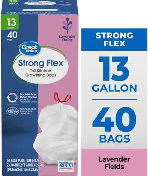 Great Value Strong Flex 13-Gallon Drawstring Tall Kitchen Trash Bags, Lavender Fields, 40 Bags Great Value Strong Flex 13-Gallon Drawstring Tall Kitchen Trash Bags, Lavender Fields, 40 Bags