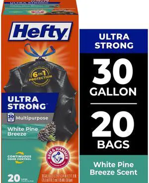 Hefty Ultra Strong 30 Gallon Trash Bags, Black Large Trash Bags, White Pine Breeze Scent, 20 Bags Hefty Ultra Strong 30 Gallon Trash Bags, Black Large Trash Bags, White Pine Breeze Scent, 20 Bags