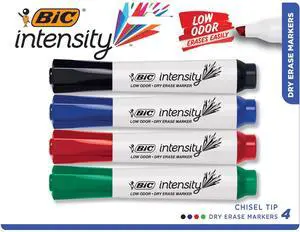 BIC Intensity Low Odor Dry Erase Marker, Chisel Tip, Tank Style, Assorted Colors, 4 Count BIC Intensity Low Odor Dry Erase Marker, Chisel Tip, Tank Style, Assorted Colors, 4 Count