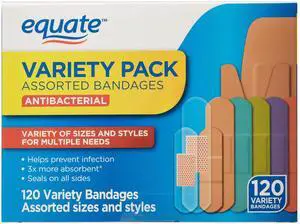 Equate Antibacterial Assorted Bandages Variety Pack, 120 Count Equate Antibacterial Assorted Bandages Variety Pack, 120 Count