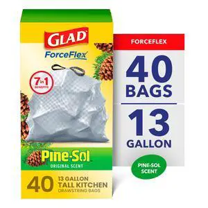 Glad ForceFlex 13-Gallon Drawstring Tall Kitchen Trash Bags, Pine-Sol Original Scent, 40 Bags Glad ForceFlex 13-Gallon Drawstring Tall Kitchen Trash Bags, Pine-Sol Original Scent, 40 Bags
