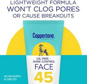 Coppertone Oil Free + Shine Control Sunscreen Face Lotion SPF 45, 2.5 fl oz Tube Coppertone Oil Free + Shine Control Sunscreen Face Lotion SPF 45, 2.5 fl oz Tube