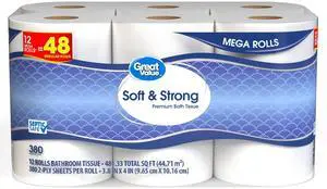 Great Value Soft & Strong Toilet Paper, 12 Mega Rolls, 380 Sheets per Roll Great Value Soft & Strong Toilet Paper, 12 Mega Rolls, 380 Sheets per Roll