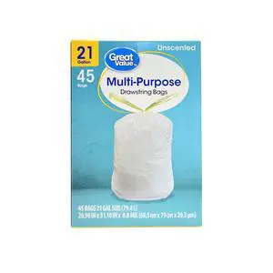 Great Value 21 Gallon Drawstring Trash Bag, Unscented, 45 Bags Great Value 21 Gallon Drawstring Trash Bag, Unscented, 45 Bags