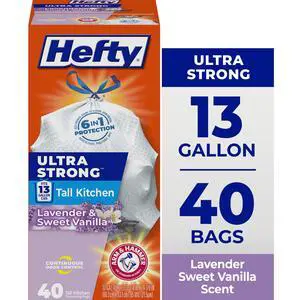 Hefty Ultra Strong 13 Gallon Trash Bags, Tall Kitchen Trash Bags, White, Lavender and Sweet Vanilla Scent, 40 Bags Hefty Ultra Strong 13 Gallon Trash Bags, Tall Kitchen Trash Bags, White, Lavender and Sweet Vanilla Scent, 40 Bags