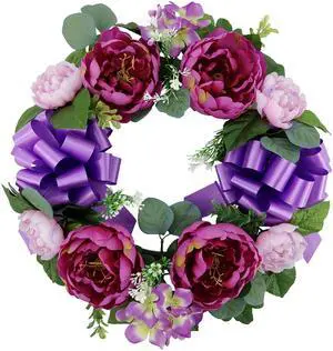 Mainstays 17in Outdoor Artificial Polyester Peony Wreath, Purple Color. Mainstays 17in Outdoor Artificial Polyester Peony Wreath, Purple Color.